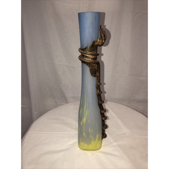 Handmade Blown Vase Engraved With Metal Blue Yellow Art Nouveau Style - Picture 4 of 9